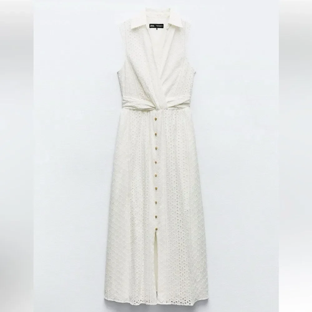 NWT Zara White openwork Eyelet Embroidered Midi Dress - Picture 7 of 9